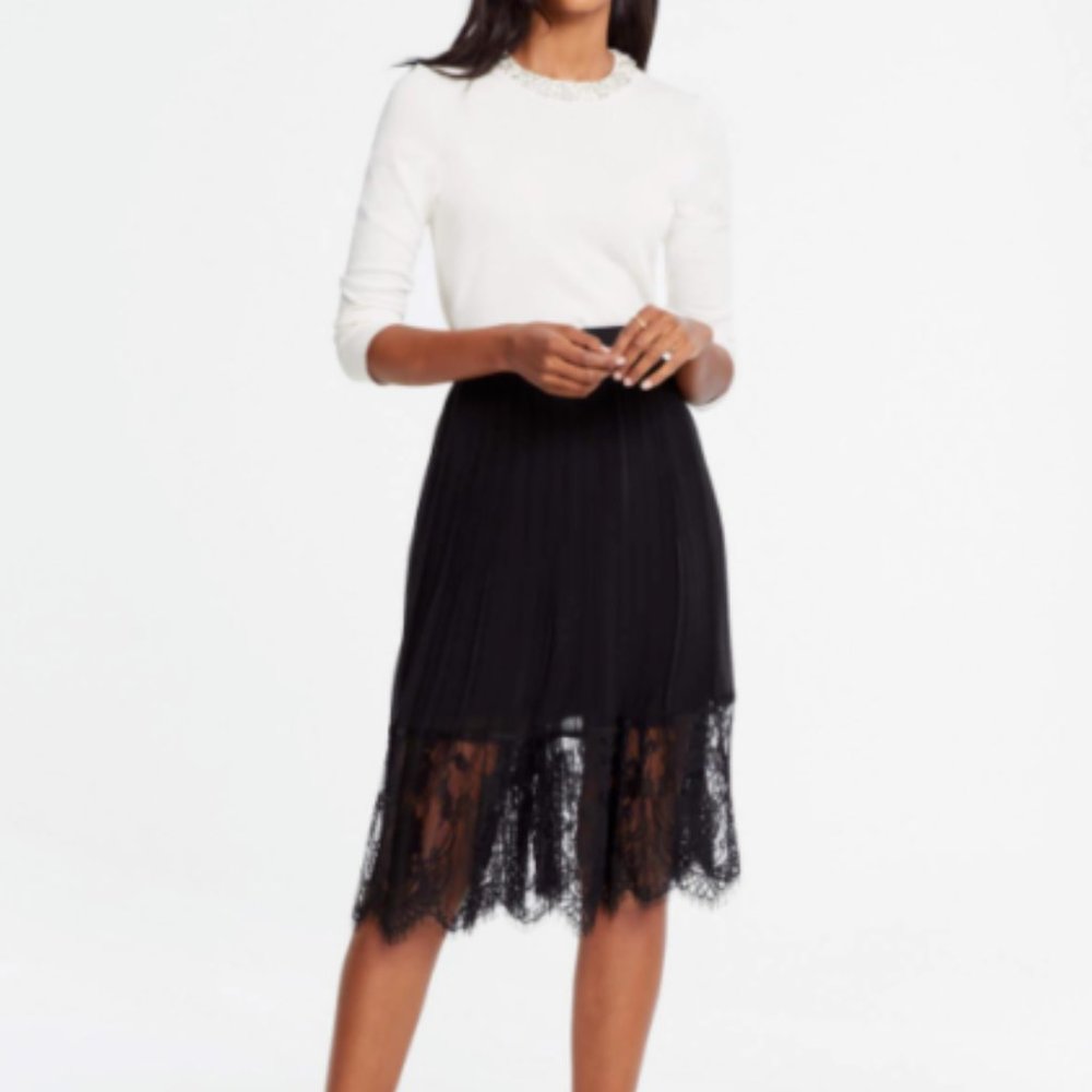 Ann Taylor Black Lace Hem Pleated Midi Skirt